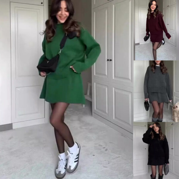 Sweater Skirt Set For Women 2 Pieces Knit Casual Versatile Long Sleeve Pullover Elegant Solid High Waist Mini Skirt Outfit