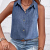 Solid Color Single-breasted Lapel Shirt Cotton And Linen Sleeveless Loose Top