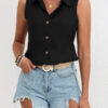Solid Color Single-breasted Lapel Shirt Cotton And Linen Sleeveless Loose Top