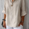 European And American Loose T-shirt Women's V-neck Cotton And Linen Button Top