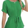 Casual Shirt Ruffled Pleated Round Neck Short Sleeve Top