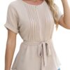 Casual Shirt Ruffled Pleated Round Neck Short Sleeve Top