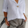 European And American Loose T-shirt Women's V-neck Cotton And Linen Button Top