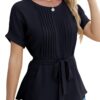 Casual Shirt Ruffled Pleated Round Neck Short Sleeve Top