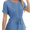 Casual Shirt Ruffled Pleated Round Neck Short Sleeve Top