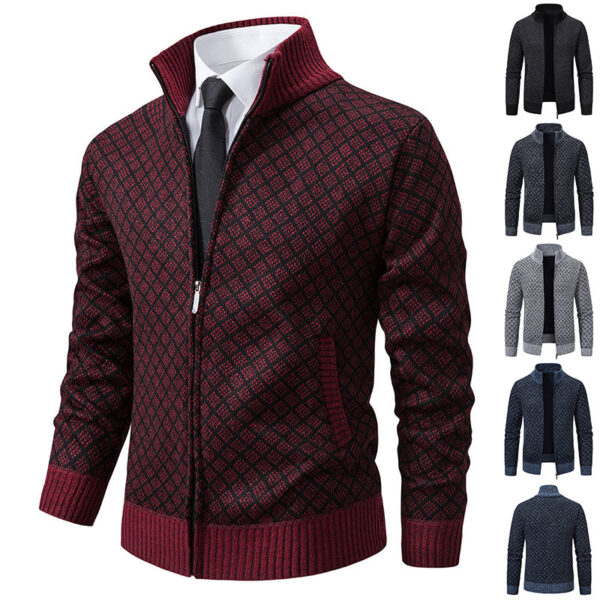 Thickened Plaid Print Jacket Cardigan Fashion Slim Fit Zipper Stand Collar Sweater Winter Men's Casual Long Sleeve Knitted Top Clothing