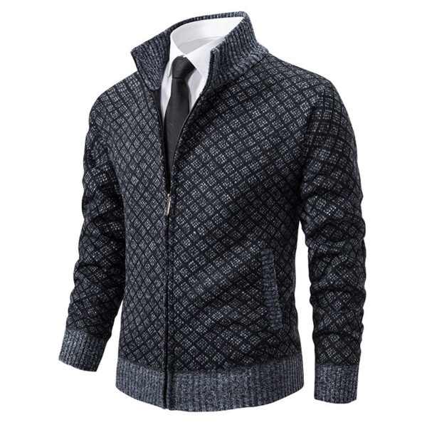 Thickened Plaid Print Jacket Cardigan Fashion Slim Fit Zipper Stand Collar Sweater Winter Men's Casual Long Sleeve Knitted Top Clothing
