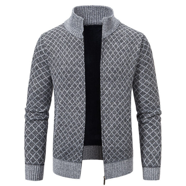 Thickened Plaid Print Jacket Cardigan Fashion Slim Fit Zipper Stand Collar Sweater Winter Men's Casual Long Sleeve Knitted Top Clothing