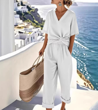 90e49341-739e-4ba2-8bb1-a26d9f41572d.jpg Women's Two Pieces Set Fashion Solid Color Irregular Short Sleeve Suit Summer Fashion V Neck Slim Office Suit Casual Pleated Irregular Top And Pants Female Outfit