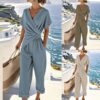 964f41bc-7b07-4721-bc9b-b582b8f471df.jpg Women's Two Pieces Set Fashion Solid Color Irregular Short Sleeve Suit Summer Fashion V Neck Slim Office Suit Casual Pleated Irregular Top And Pants Female Outfit
