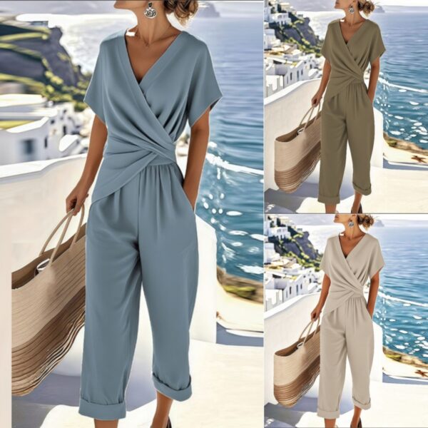 964f41bc-7b07-4721-bc9b-b582b8f471df.jpg Women's Two Pieces Set Fashion Solid Color Irregular Short Sleeve Suit Summer Fashion V Neck Slim Office Suit Casual Pleated Irregular Top And Pants Female Outfit