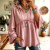 Autumn Relaxed-fit Casual Top With Drawstring Three-quarter Sleeves