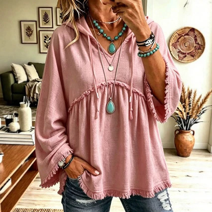 Autumn Relaxed-fit Casual Top With Drawstring Three-quarter Sleeves