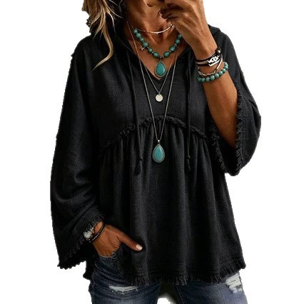 Autumn Relaxed-fit Casual Top With Drawstring Three-quarter Sleeves