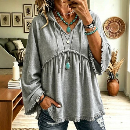 Autumn Relaxed-fit Casual Top With Drawstring Three-quarter Sleeves