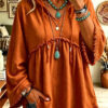 Autumn Relaxed-fit Casual Top With Drawstring Three-quarter Sleeves