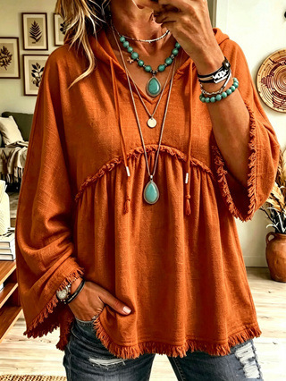 Autumn Relaxed-fit Casual Top With Drawstring Three-quarter Sleeves