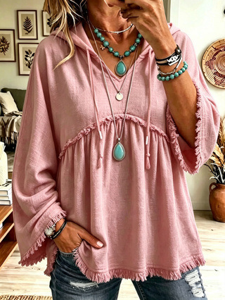 Autumn Relaxed-fit Casual Top With Drawstring Three-quarter Sleeves